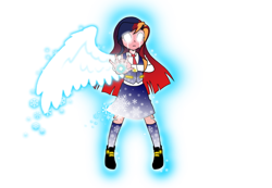 Size: 1024x710 | Tagged: safe, artist:crydius, imported from derpibooru, oc, oc only, oc:gamma, android, robot, equestria girls, artificial wings, augmented, aura, battle mode, clothes, collar, female, glow, glowing, glowing eyes, gradient hair, gynoid, headband, magic, magic wings, magical lesbian spawn, necktie, offspring, one winged angel, outstretched arm, parent:sci-twi, parent:sunset shimmer, parents:scitwishimmer, scientific lesbian spawn, shoes, simple background, skirt, snow, snowflake, socks, solo, transparent background, vest, weapon, wings