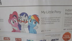 Size: 4608x2592 | Tagged: safe, imported from derpibooru, pinkie pie, rainbow dash, rarity, rarity takes manehattan, antv, glasses, glasses rarity, harian kompas, indonesia, indonesian, jaktv, net. tv, newspaper, rajawali televisi, rarity's glasses, rtv, tvone