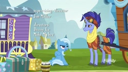 Size: 1920x1080 | Tagged: safe, imported from derpibooru, screencap, hoo'far, trixie, pony, saddle arabian, unicorn, road to friendship, bucket, credits, discovery family logo, duo, female, male, mare, ms. powerful, opening credits, stallion, trixie's wagon