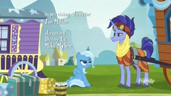 Size: 1920x1080 | Tagged: safe, imported from derpibooru, screencap, hoo'far, trixie, pony, saddle arabian, unicorn, road to friendship, bucket, credits, discovery family logo, duo, female, male, mare, opening credits, stallion, trixie's wagon