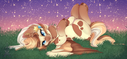 Size: 1600x749 | Tagged: safe, artist:pvrii, artist:silent-shadow-wolf, imported from derpibooru, oc, oc only, oc:heavenly hazelnut, pegasus, pony, constellation, digital art, ear piercing, female, grass, looking at you, lying down, mare, piercing, signature, solo, spread wings, stars, wings