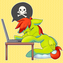 Size: 2000x2000 | Tagged: safe, artist:talimingi, imported from derpibooru, oc, oc only, oc:greeny awkward, pegasus, pony, computer, grumpy, heat, laptop computer, male, simple background, solo, table