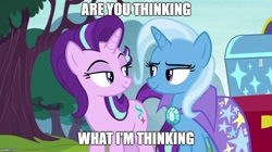 Size: 888x499 | Tagged: safe, edit, edited screencap, imported from derpibooru, screencap, starlight glimmer, trixie, pony, unicorn, road to friendship, cape, clothes, cutie mark, duo, female, image macro, looking at each other, mare, meme, trixie's cape