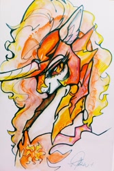 Size: 2002x2996 | Tagged: safe, artist:goldenrainynight, imported from derpibooru, daybreaker, pony, bust, female, fire, helmet, horn, mane of fire, mare, portrait, sharp teeth, signature, simple background, solo, teeth, traditional art, white background