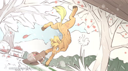 Size: 3840x2140 | Tagged: safe, artist:icychamber, imported from derpibooru, applejack, earth pony, pony, apple, apple tree, bucket, bucking, female, food, kicking, mare, signature, solo, sweet apple acres, tree