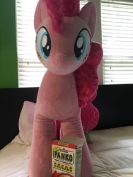 Size: 1536x2048 | Tagged: safe, artist:whitelightplushpones, imported from derpibooru, pinkie pie, pony, bed, bread crumbs, cute, diapinkes, irl, panko, photo, plushie, ponk, sitting, solo, wordplay