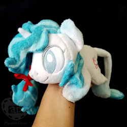 Size: 1000x1000 | Tagged: safe, artist:appledew, imported from derpibooru, oc, oc only, oc:azure, pony, unicorn, beanie (plushie), female, gradient ears, gradient hooves, hand, horn, irl, leonine tail, mare, photo, plushie, prone, solo