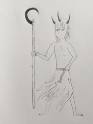 Size: 1024x1365 | Tagged: safe, artist:pennywise33, imported from derpibooru, oc, oc:erebus, claws, fallen angel, horns, humanoid, lineart, partial nudity, rags, smiling, smirk, staff, traditional art, warlock, weird eyes, wizard