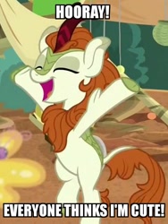 Size: 760x1012 | Tagged: safe, edit, edited screencap, imported from derpibooru, screencap, autumn blaze, butterfly, kirin, sounds of silence, spoiler:s08, awwtumn blaze, bipedal, cropped, cute, excited, female, fluffy, happy, hooray, hooves, hooves raised, image macro, kirinbetes, meme, smiling, solo