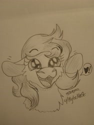 Size: 4144x5520 | Tagged: safe, artist:hytemast, imported from derpibooru, oc, oc only, oc:silly numptie, earth pony, pony, absurd resolution, black and white, bust, doodle, eye clipping through hair, female, grayscale, happy, heart, lineart, mare, mlplounge, monochrome, open mouth, paper, pencil, pencil drawing, pictogram, reddit, signature, simple background, solo, traditional art, wide eyes