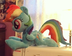 Size: 1200x934 | Tagged: dead source, safe, artist:sophieascruggs, artist:sophillia, imported from derpibooru, rainbow dash, pegasus, pony, female, irl, lying down, mare, photo, plushie, sewing machine, smiling, solo