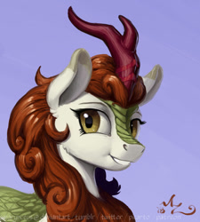 Size: 900x1000 | Tagged: safe, artist:amarynceus, imported from derpibooru, autumn blaze, kirin, sounds of silence, blue background, doodle, female, simple background, smiling, solo