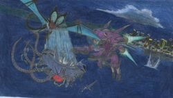 Size: 2433x1374 | Tagged: safe, artist:smcho1014, deleted from derpibooru, imported from derpibooru, oc, oc:wild sketchy, noivern, pony, robot, busan, colored pencil drawing, d.va, female, fight, flying, mare, mecha, omnic, overwatch, pokémon, ponified, seoul, spread wings, traditional art, wings