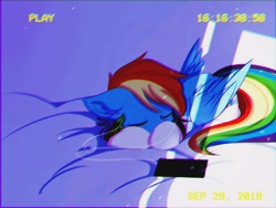 Size: 800x600 | Tagged: safe, artist:heddopen, edit, imported from derpibooru, rainbow dash, pegasus, pony, aesthetic, cellphone, chromatic aberration, clothes, cute, earbuds, eyes closed, female, folded wings, headphones, mare, phone, prone, scan lines, sleeping, smartphone, socks, solo, timestamp, vhs, wings