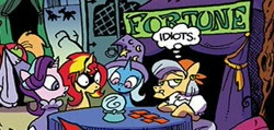 Size: 318x152 | Tagged: safe, artist:andypriceart, idw, imported from derpibooru, big macintosh, crystal ball (character), crystal ball (g4), starlight glimmer, sunset shimmer, trixie, pony, unicorn, spoiler:comic, spoiler:comic71, comic, counterparts, cropped, crystal ball, female, magical trio, masked shimmer, official comic, thought bubble, twilight's counterparts