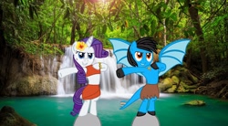 Size: 2560x1416 | Tagged: safe, artist:ds59, imported from derpibooru, rarity, oc, oc:dragun shot, dracony, hybrid, base used, canon x oc, cave pony, caveman, cavemare, cavewoman, chest pounding, claw, collar, drarity, flower, flower in hair, jungle, loincloth, rock, stone, tarzan, waterfall