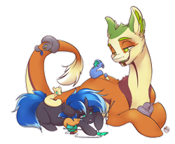 Size: 1280x1054 | Tagged: safe, artist:kez, imported from derpibooru, oc, oc only, oc:lock down, oc:non toxic, monster pony, original species, pony, tatzlpony, baby, baby pony, duo, happy, interspecies offspring, knitting, offspring, prone, rule 63, simple background, size difference, tired, transparent background