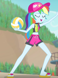 Size: 440x586 | Tagged: safe, imported from derpibooru, screencap, rainbow dash, equestria girls, equestria girls series, forgotten friendship, clothes, cropped, eyes closed, feet, female, flip-flops, geode of super speed, magical geodes, rainbow dash's beach shorts swimsuit, sandals, solo, sports, swimsuit, volleyball