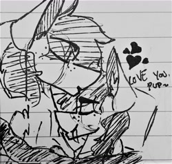 Size: 1710x1626 | Tagged: safe, artist:kirbirb, imported from derpibooru, oc, oc:scarlett lane, oc:snaggletooth, earth pony, pegasus, pony, bed, black and white, duo, ear fluff, freckles, gay, grayscale, heart, in bed, kisses, male, monochrome, oc x oc, shipping, snuggling