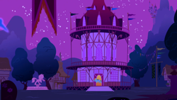 Size: 1600x900 | Tagged: safe, imported from derpibooru, screencap, rainbow dash, pony, friendship is magic, female, night, ponyville town hall, solo, town hall
