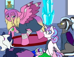 Size: 1014x788 | Tagged: safe, artist:jolliapplegirl, imported from derpibooru, princess flurry heart, princess skyla, oc, oc:desert moon, oc:north wind, oc:opal reverie, alicorn, bat pony, hybrid, pegasus, pony, sphinx, unicorn, adopted offspring, alicorn oc, bandage, bat pony oc, clothes, injured wing, interspecies offspring, next generation, offspring, pajamas, parent:princess cadance, parent:princess luna, parent:shining armor, parent:unnamed oc, parents:canon x oc, parents:oc x oc, parents:shiningcadance, story included