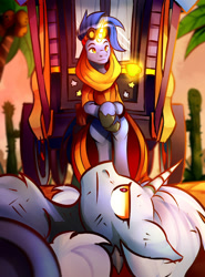 Size: 1000x1350 | Tagged: safe, artist:lostdreamm, imported from derpibooru, hoo'far, trixie, pony, saddle arabian, unicorn, road to friendship, duo, female, male, mare, messy mane, on back, patience, scene interpretation, stallion, trixie's wagon