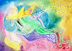 Size: 1024x721 | Tagged: safe, artist:dawn-designs-art, imported from derpibooru, princess celestia, pony, abstract, abstract art, bust, female, modern art, solo, traditional art, watercolor painting