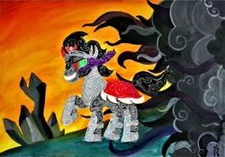 Size: 1024x718 | Tagged: safe, artist:dawn-designs-art, imported from derpibooru, king sombra, pony, umbrum, unicorn, the crystal empire, crystal, dark crystal, male, modern art, smoke, solo, stallion, stylized, traditional art, watercolor painting