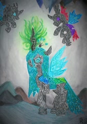 Size: 1024x1459 | Tagged: safe, artist:dawn-designs-art, imported from derpibooru, pharynx, queen chrysalis, changeling, changeling queen, changeling hive, female, group, modern art, stylized, traditional art, watercolor painting