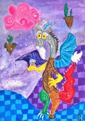 Size: 1024x1455 | Tagged: safe, artist:dawn-designs-art, imported from derpibooru, discord, the return of harmony, chaos, chocolate, chocolate rain, cloud, cotton candy, cotton candy cloud, discorded landscape, floating island, food, male, modern art, purple sky, rain, solo, traditional art, watercolor painting
