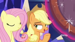 Size: 1920x1080 | Tagged: safe, imported from derpibooru, screencap, applejack, fluttershy, pony, sounds of silence, duo, eyes closed, female, magic, mare, shield