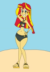 Size: 1461x2101 | Tagged: safe, artist:hunterxcolleen, imported from derpibooru, sunset shimmer, human, equestria girls, equestria girls series, beach, belly button, bikini, bracelet, clothes, humanized, jewelry, sandals, smiling, swimsuit