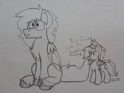 Size: 2576x1932 | Tagged: safe, artist:drheartdoodles, imported from derpibooru, oc, oc:dr.heart, oc:nossirah, bat pony, clydesdale, pegasus, pony, angry, artist, biting, blank flank, chest fluff, hat, nom, police, sitting, size difference, smiling, tail bite