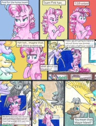 Size: 1950x2550 | Tagged: safe, artist:tillie-tmb, imported from derpibooru, cloud kicker, lyra heartstrings, mayor mare, pinkie pie, sunshower raindrops, thunderlane, pony, comic:the amulet of shades, comic, microphone, traditional art