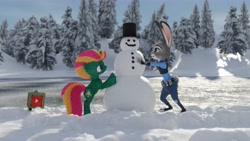 Size: 7680x4320 | Tagged: safe, imported from derpibooru, oc, oc:ponlets, 3d, 3d model, 8k, absurd resolution, blender, blender cycles, cycles, judy hopps, render, snow, snowman, winter