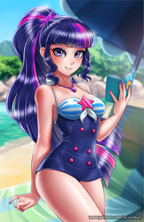 Size: 750x1160 | Tagged: safe, artist:racoonsan, imported from derpibooru, sci-twi, twilight sparkle, human, equestria girls, equestria girls series, adorasexy, anime, beach, beach babe, beautiful, blue swimsuit, breasts, busty sci-twi, busty twilight sparkle, clothes, cute, female, geode of telekinesis, humanized, looking at you, nail polish, one-piece swimsuit, ponytail, sexy, sexy egghead, smiling, solo, striped swimsuit, swimsuit, tricolor swimsuit, twiabetes