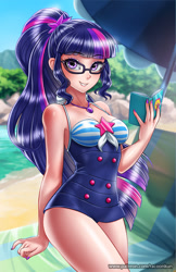 Size: 750x1160 | Tagged: safe, alternate version, artist:racoonsan, imported from derpibooru, sci-twi, twilight sparkle, human, equestria girls, equestria girls series, adorasexy, anime, beach, beach babe, beautiful, blue swimsuit, book, clothes, cute, female, geode of telekinesis, glasses, humanized, looking at you, nail polish, ocean, one-piece swimsuit, ponytail, sand, sexy, sexy egghead, smiling, solo, striped swimsuit, swimsuit, tricolor swimsuit, twiabetes