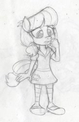 Size: 700x1072 | Tagged: safe, artist:dertikleen, imported from derpibooru, lily longsocks, anthro, clothes, cutie mark on clothes, dress, mary janes, monochrome, pencil drawing, socks, solo, traditional art