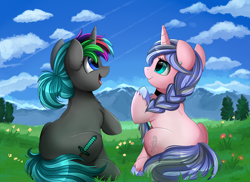 Size: 4094x2975 | Tagged: safe, artist:pridark, imported from derpibooru, oc, oc only, oc:diamond sharp, oc:silver thread, pony, unicorn, commission, duo, ear piercing, female, mare, open mouth, piercing, sitting, sky, smiling