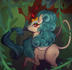 Size: 955x920 | Tagged: safe, artist:barnabell, imported from derpibooru, rain shine, kirin, sounds of silence, female, jungle, queen, raised hoof, solo