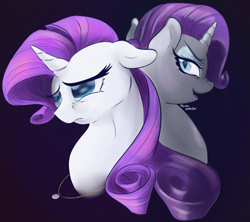 Size: 1581x1403 | Tagged: safe, artist:firimil, imported from derpibooru, rarity, pony, unicorn, duality, female, looking back, mare, sad, self ponidox, smiling