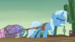 Size: 1280x720 | Tagged: safe, imported from derpibooru, screencap, trixie, pony, unicorn, road to friendship, eyes closed, female, luggage, mare, ropes, saguaro cactus, solo, straining