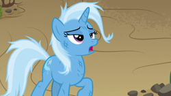 Size: 1280x720 | Tagged: safe, imported from derpibooru, screencap, trixie, pony, unicorn, road to friendship, female, lidded eyes, mare, messy mane, open mouth, solo