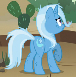 Size: 314x315 | Tagged: safe, imported from derpibooru, screencap, trixie, pony, unicorn, road to friendship, butt, cactus, cropped, female, mare, messy mane, plot, prickly pear, raised hoof, solo, underhoof