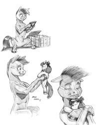 Size: 1000x1297 | Tagged: safe, artist:baron engel, imported from derpibooru, apple bloom, oc, oc:stone mane, oc:stone mane (baron engel), crate, doll, grayscale, hug, monochrome, pencil drawing, picture, picture frame, plushie, present, simple background, smiling, story in the source, story included, straw, toy, traditional art, white background