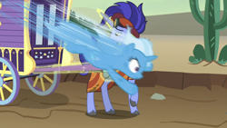 Size: 1280x720 | Tagged: safe, imported from derpibooru, screencap, hoo'far, trixie, pony, saddle arabian, unicorn, road to friendship, season 8, spoiler:s08, duo, fast, female, great moments in animation, magic, male, mare, motion blur, nyoom, smear frame, stallion