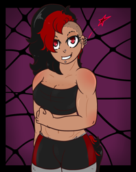 Size: 790x1000 | Tagged: safe, artist:lazerblues, imported from derpibooru, oc, oc only, oc:bella, satyr, bandeau, clothes, ear piercing, flex, flexing, midriff, offspring, parent:oc:miss eri, piercing, sports bra, sports shorts, undercut