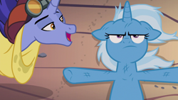 Size: 1280x720 | Tagged: safe, imported from derpibooru, screencap, hoo'far, trixie, pony, saddle arabian, unicorn, road to friendship, duo, female, male, mare, messy mane, on back, open mouth, stallion, trixie is not amused, unamused