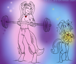 Size: 1100x925 | Tagged: safe, artist:kaemantis, imported from derpibooru, aria blaze, oc, oc:harmony blitz, anthro, half-siren, hybrid, siren, unguligrade anthro, anthro oc, aria brute, aria buff, child, clothes, dumbbell (object), dumbbells, duo, female, four fingers, gem, gradient background, gritted teeth, interspecies offspring, magical lesbian spawn, midriff, mother and daughter, muscles, offspring, parent:aria blaze, parent:trixie, parents:arixie, siren gem, smiling, sports bra, straining, weight lifting, workout