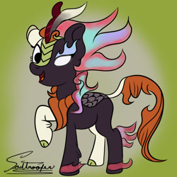 Size: 1080x1080 | Tagged: safe, artist:sadtrooper, imported from derpibooru, autumn blaze, kirin, nirik, sounds of silence, female, fusion, half, quadrupedal, raised hoof, solo